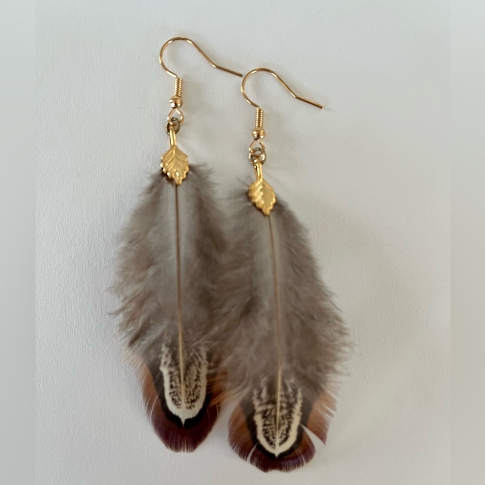 Boho feather earrings - pheasant feathers - gold plated brass - handcrafted